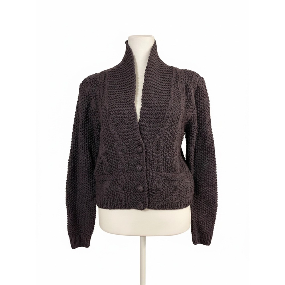 Vintage Hand-Knit Ellen Tracy Wool Cardigan – Taupe Eggplant Short Knit